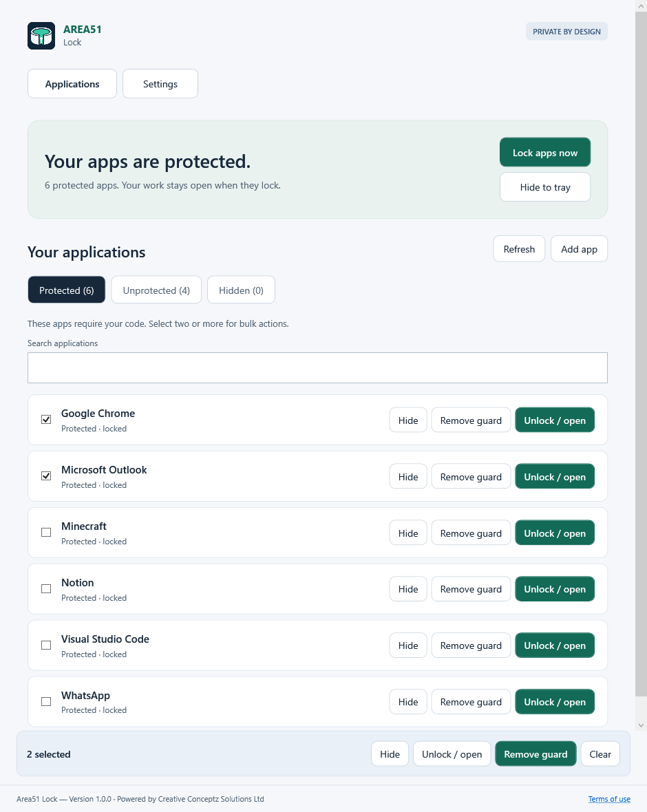 Area51 with several protected apps, with two selected and bulk Hide, Unlock / open and Remove guard actions